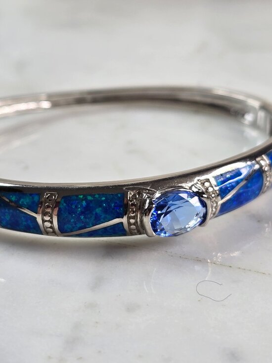 Jewelry - Womens Sterling Silver Modernist Blue Opal Bangle Bracelet 19.1g E2401